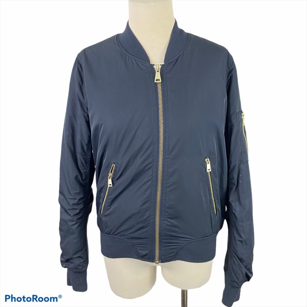 Topshop Navy Bomber Jacket with Gold Zippers